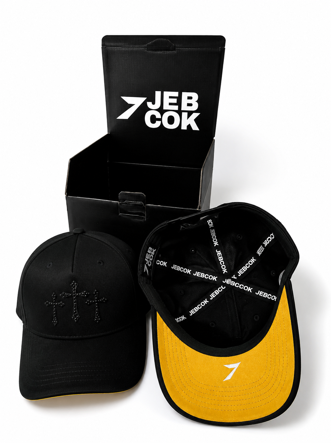 JEBCOK Three Crosses Snapback Hat | Black & Gold Rhinestone