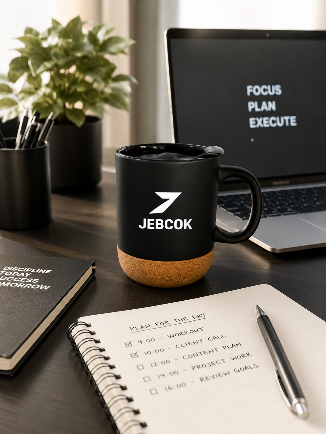 Cork Base Ceramic Coffee Mug with Lid | Matte Black 450ml