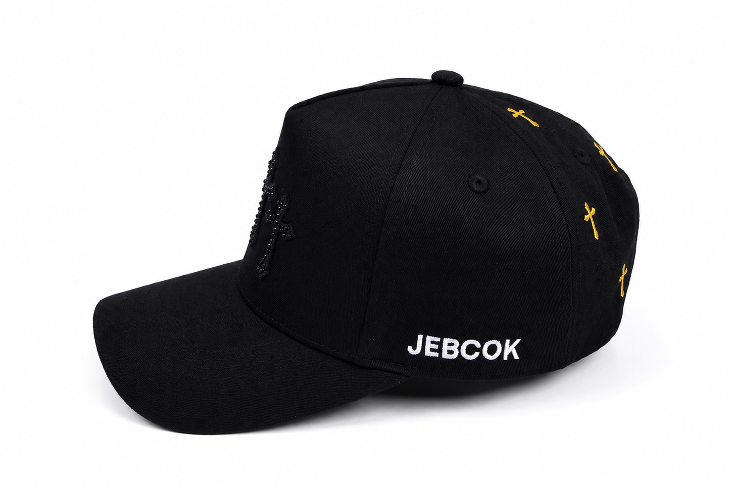 JEBCOK Three Crosses Snapback Hat | Black & Gold Rhinestone