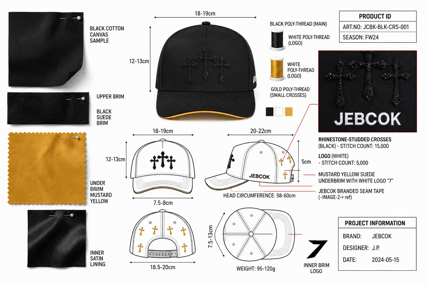 JEBCOK Three Crosses Snapback Hat | Black & Gold Rhinestone