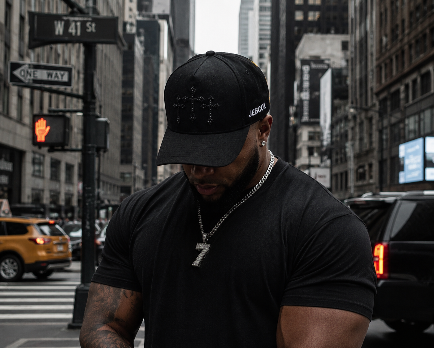 JEBCOK Three Crosses Snapback Hat | Black & Gold Rhinestone