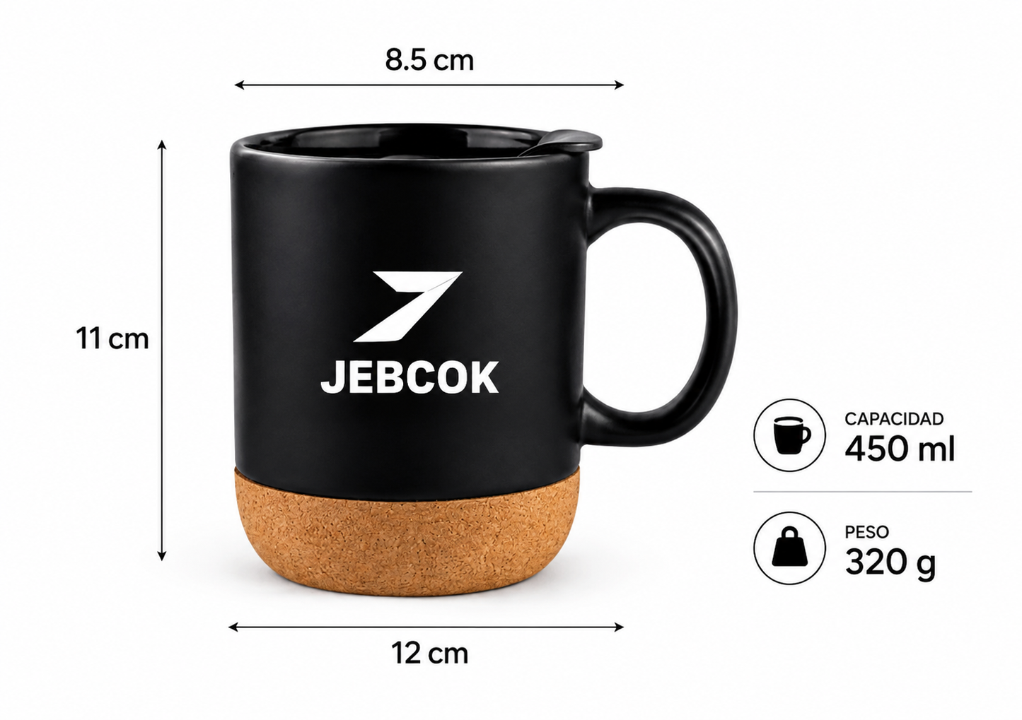 Cork Base Ceramic Coffee Mug with Lid | Matte Black 450ml