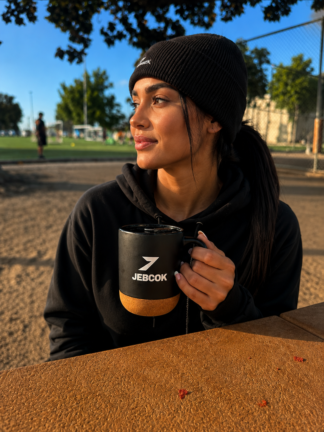 Cork Base Ceramic Coffee Mug with Lid | Matte Black 450ml