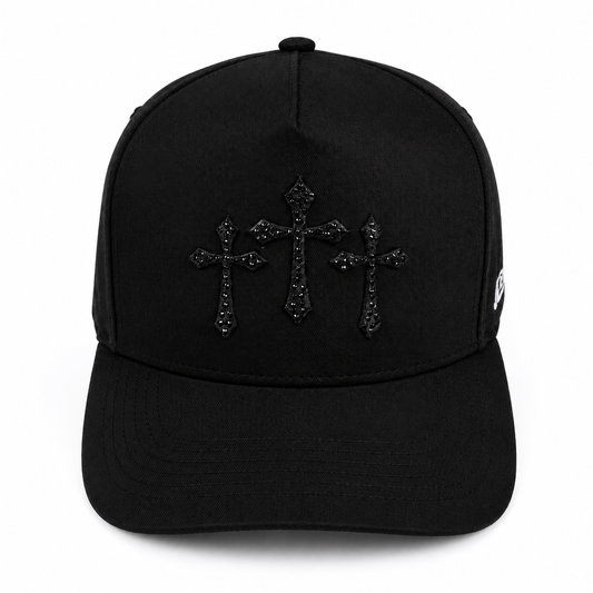 JEBCOK Three Crosses Snapback Hat | Black & Gold Rhinestone