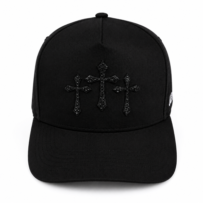 JEBCOK Three Crosses Snapback Hat | Black & Gold Rhinestone